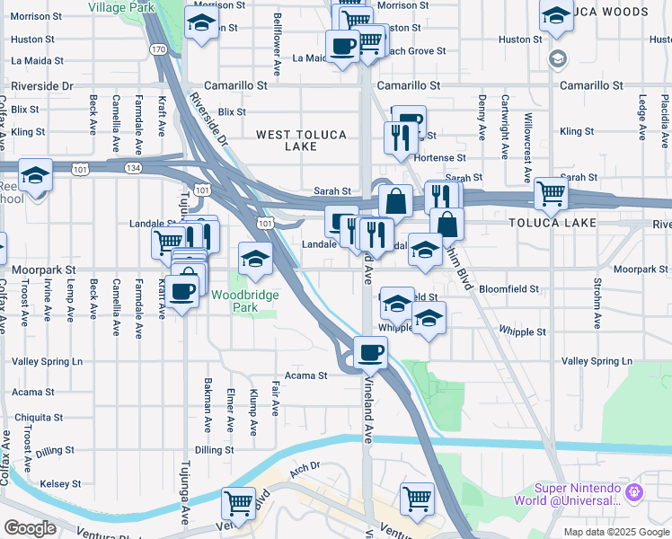map of restaurants, bars, coffee shops, grocery stores, and more near 11113 Moorpark Street in Los Angeles