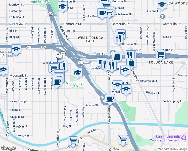 map of restaurants, bars, coffee shops, grocery stores, and more near 11113 Moorpark Street in Los Angeles