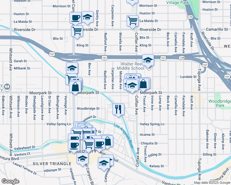 map of restaurants, bars, coffee shops, grocery stores, and more near 4401 Morella Avenue in Los Angeles
