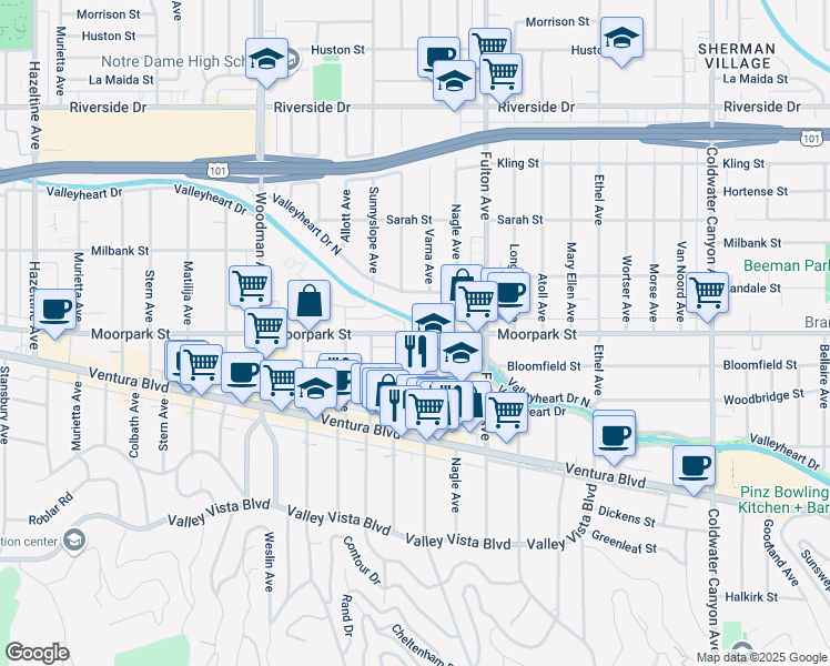 map of restaurants, bars, coffee shops, grocery stores, and more near 13411 Moorpark Street in Los Angeles