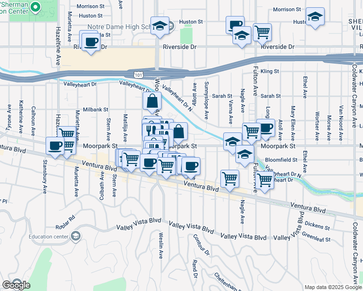 map of restaurants, bars, coffee shops, grocery stores, and more near 13577 Moorpark Street in Los Angeles