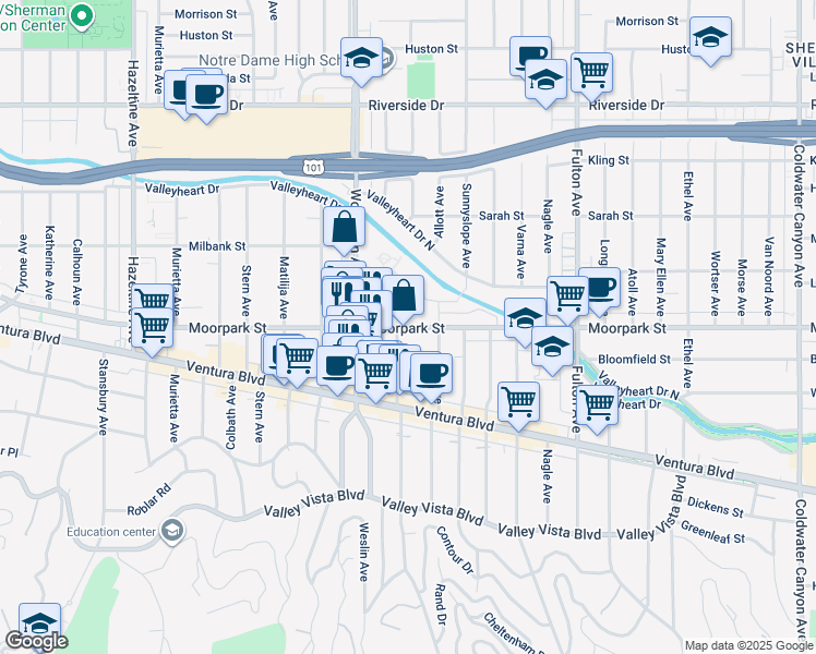 map of restaurants, bars, coffee shops, grocery stores, and more near 13577 Moorpark Street in Los Angeles