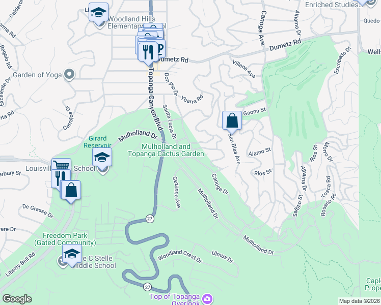 map of restaurants, bars, coffee shops, grocery stores, and more near 4518 Don Pio Drive in Los Angeles