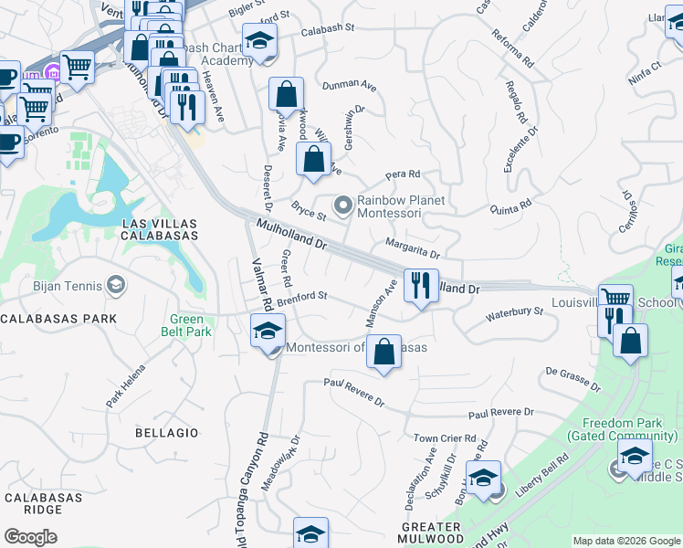 map of restaurants, bars, coffee shops, grocery stores, and more near 4421 Brookford Avenue in Los Angeles