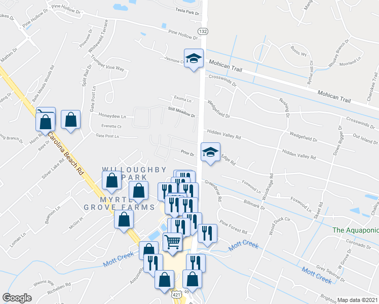 map of restaurants, bars, coffee shops, grocery stores, and more near 4505 Prior Drive in Wilmington