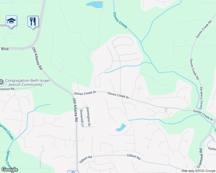 map of restaurants, bars, coffee shops, grocery stores, and more near 1765 Daves Creek Drive in Cumming