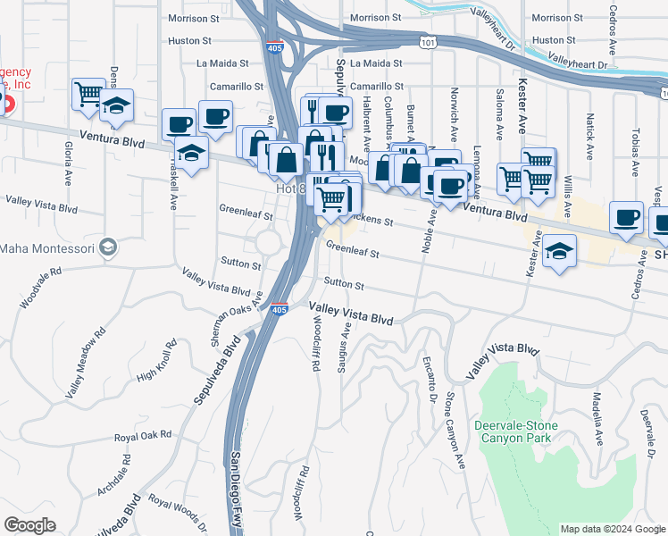 map of restaurants, bars, coffee shops, grocery stores, and more near 4415 Saugus Avenue in Los Angeles