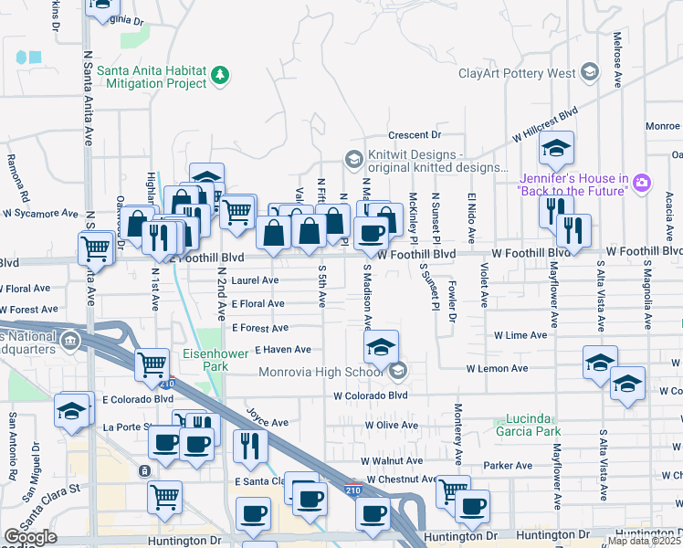 map of restaurants, bars, coffee shops, grocery stores, and more near 111 Peppertree Lane in Monrovia
