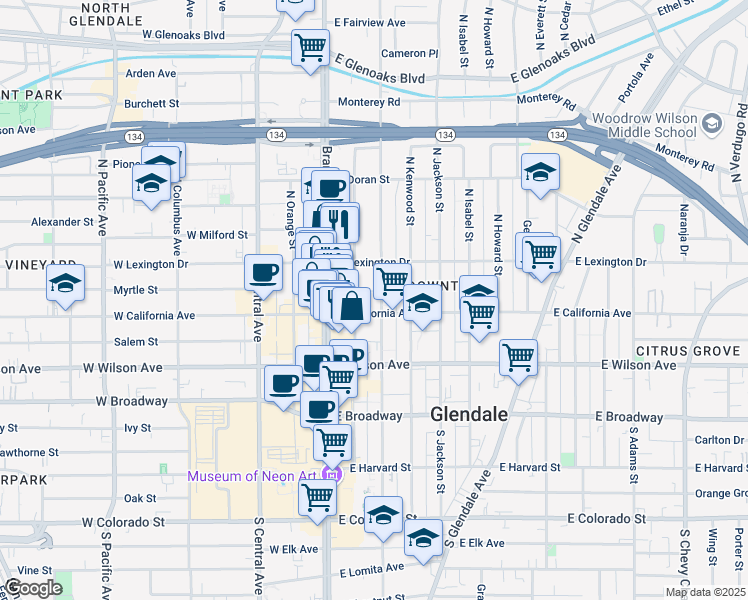 map of restaurants, bars, coffee shops, grocery stores, and more near 315 North Louise Street in Glendale