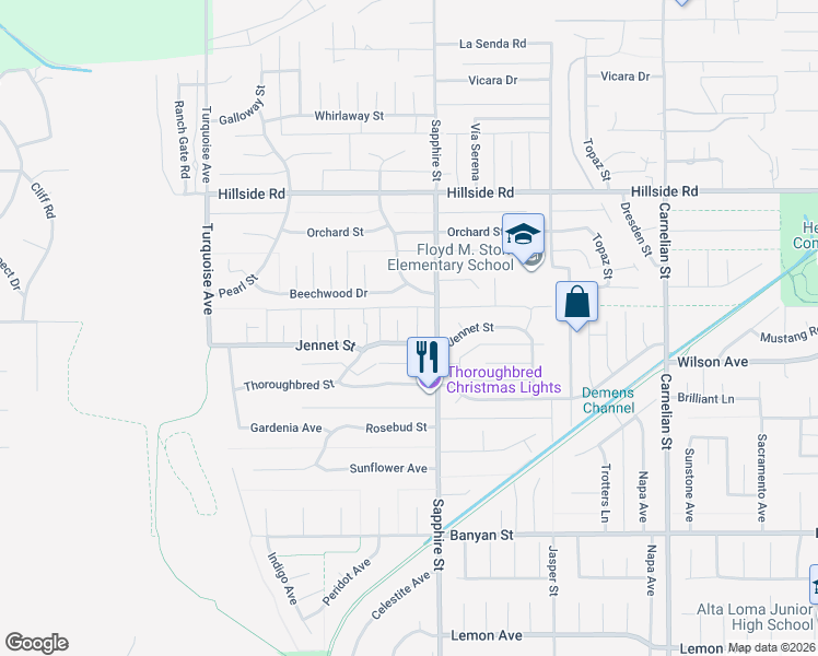 map of restaurants, bars, coffee shops, grocery stores, and more near 5737 Peridot Avenue in Rancho Cucamonga