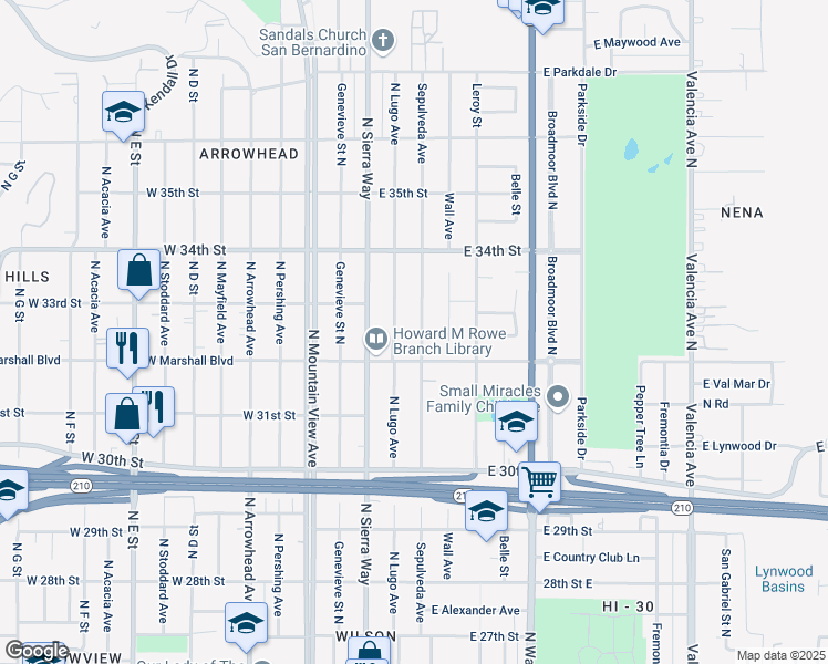 map of restaurants, bars, coffee shops, grocery stores, and more near 3248 Sepulveda Avenue in San Bernardino