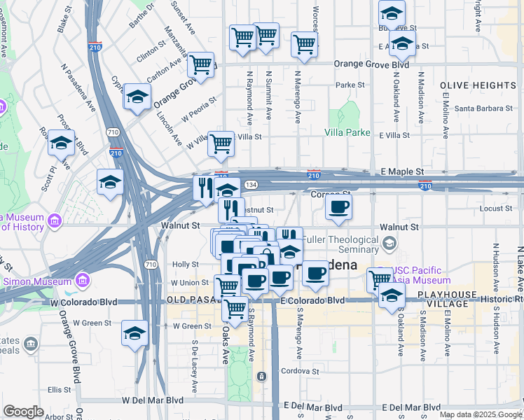 map of restaurants, bars, coffee shops, grocery stores, and more near 160 Chestnut Street in Pasadena