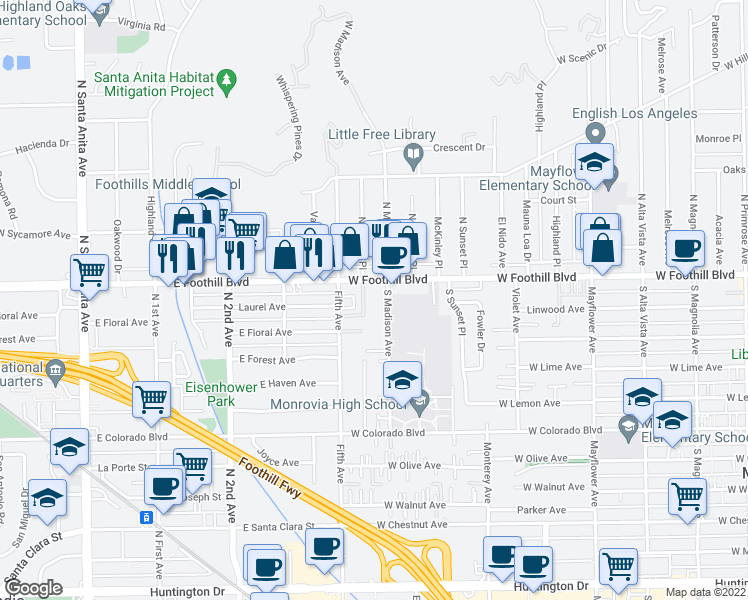 map of restaurants, bars, coffee shops, grocery stores, and more near 115 South Madison Avenue in Monrovia