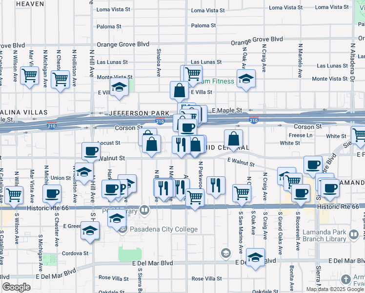 map of restaurants, bars, coffee shops, grocery stores, and more near 259 Allen Avenue in Pasadena