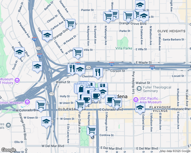 map of restaurants, bars, coffee shops, grocery stores, and more near 145 Chestnut Street in Pasadena
