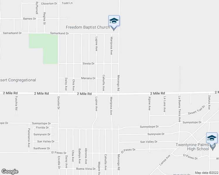 map of restaurants, bars, coffee shops, grocery stores, and more near 5656 Mariposa Avenue in Twentynine Palms