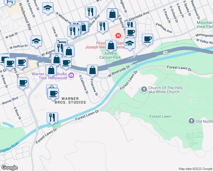 map of restaurants, bars, coffee shops, grocery stores, and more near 523 South Gaylord Drive in Burbank