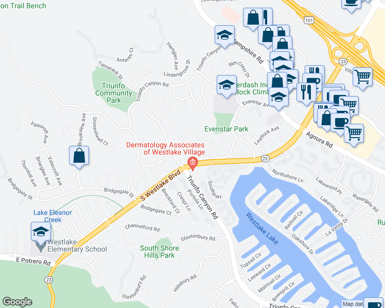 map of restaurants, bars, coffee shops, grocery stores, and more near 1104 Elfstone Court in Westlake Village