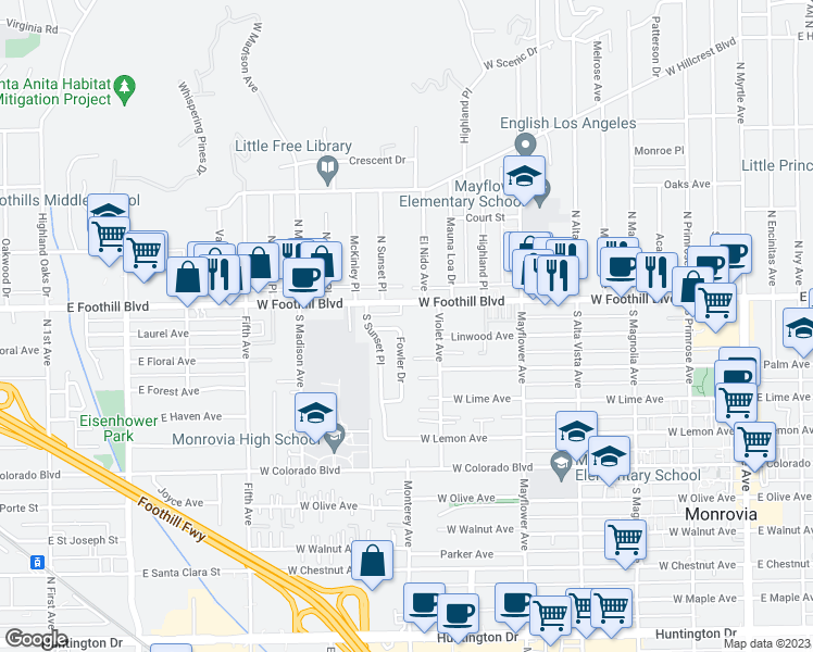 map of restaurants, bars, coffee shops, grocery stores, and more near 144 Fowler Drive in Monrovia