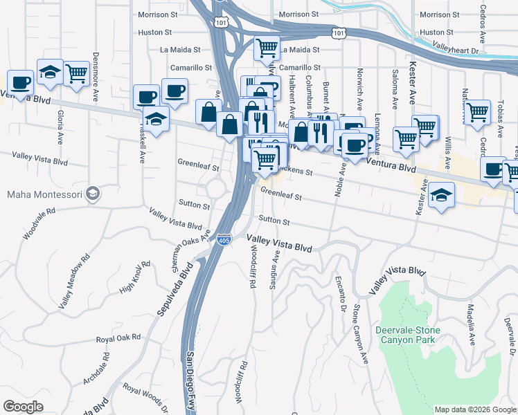 map of restaurants, bars, coffee shops, grocery stores, and more near 4410 Sepulveda Boulevard in Sherman Oaks