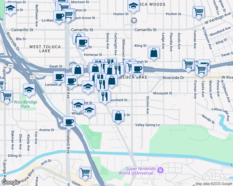 map of restaurants, bars, coffee shops, grocery stores, and more near 10659 Moorpark Street in Los Angeles