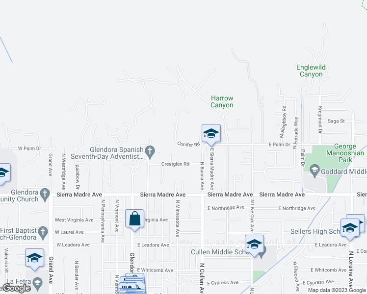 map of restaurants, bars, coffee shops, grocery stores, and more near 410 Conifer Road in Glendora