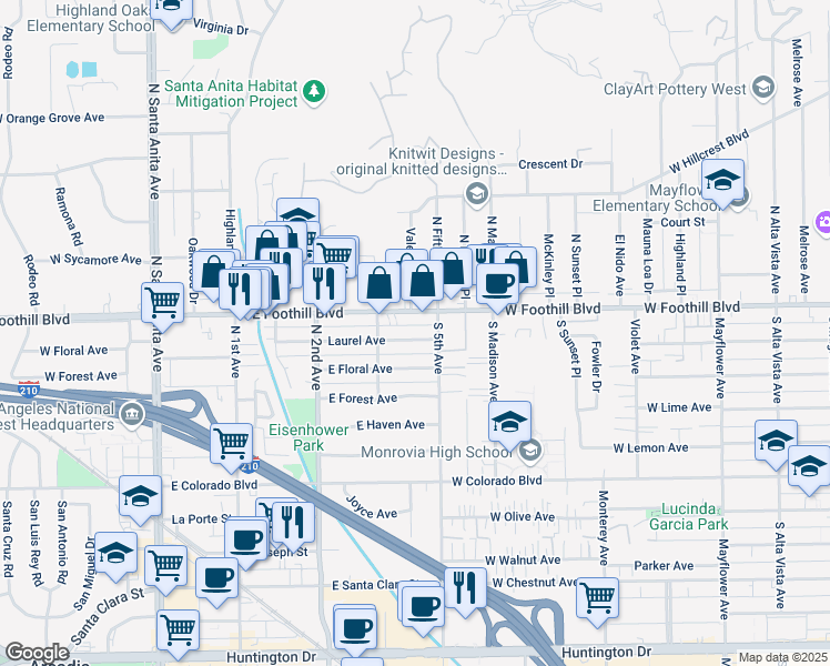 map of restaurants, bars, coffee shops, grocery stores, and more near 335 Laurel Avenue in Arcadia