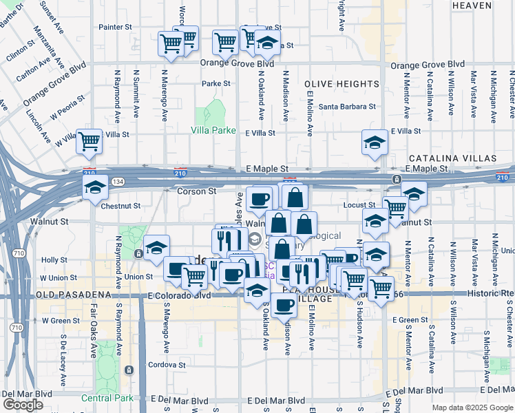map of restaurants, bars, coffee shops, grocery stores, and more near 265 North Oakland Avenue in Pasadena