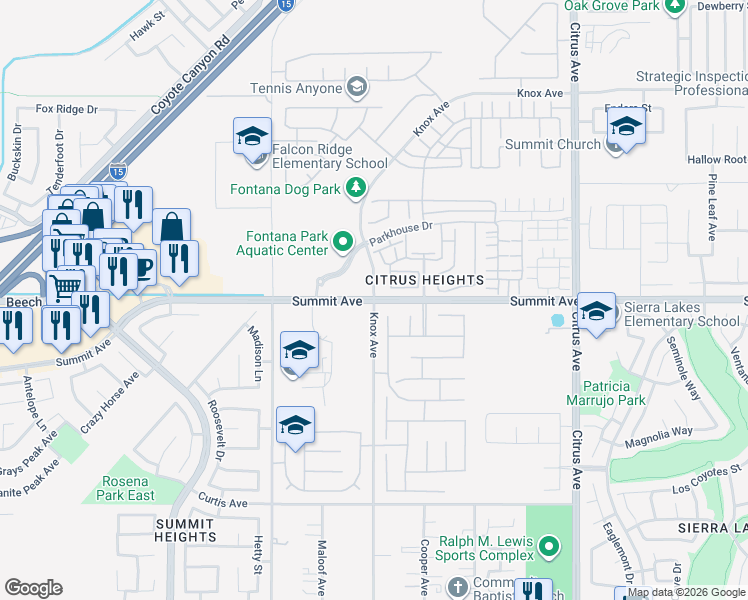 map of restaurants, bars, coffee shops, grocery stores, and more near Summit Ave & Knox Ave in Fontana