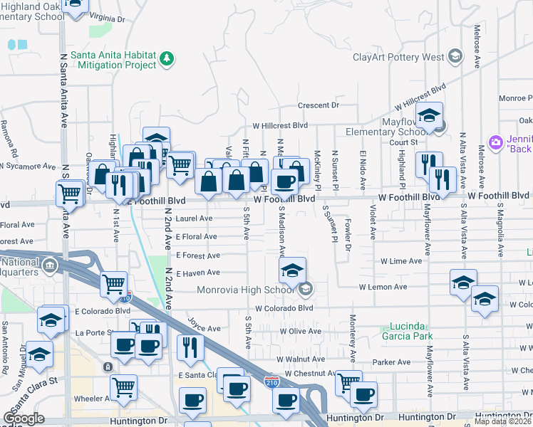 map of restaurants, bars, coffee shops, grocery stores, and more near 108 Peppertree Lane in Monrovia