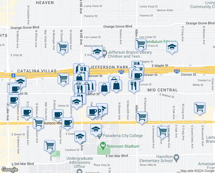 map of restaurants, bars, coffee shops, grocery stores, and more near 255 North Sierra Bonita Avenue in Pasadena