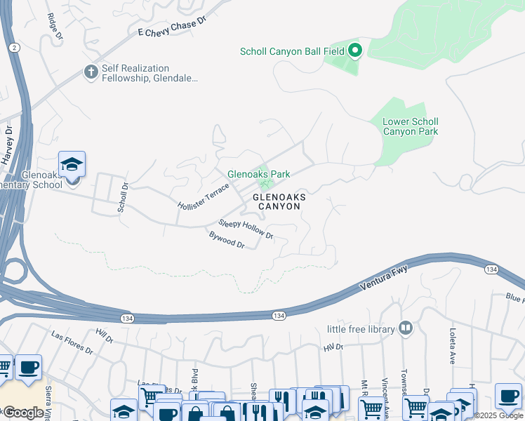 map of restaurants, bars, coffee shops, grocery stores, and more near Edwards Place in Glendale