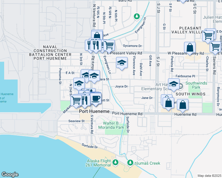 map of restaurants, bars, coffee shops, grocery stores, and more near 314 Willowbrook Drive in Port Hueneme