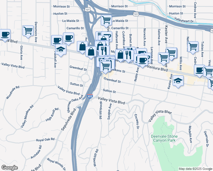 map of restaurants, bars, coffee shops, grocery stores, and more near 4415 Saugus Avenue in Los Angeles