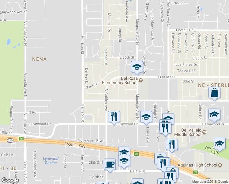 map of restaurants, bars, coffee shops, grocery stores, and more near 3233 Garden Drive in San Bernardino