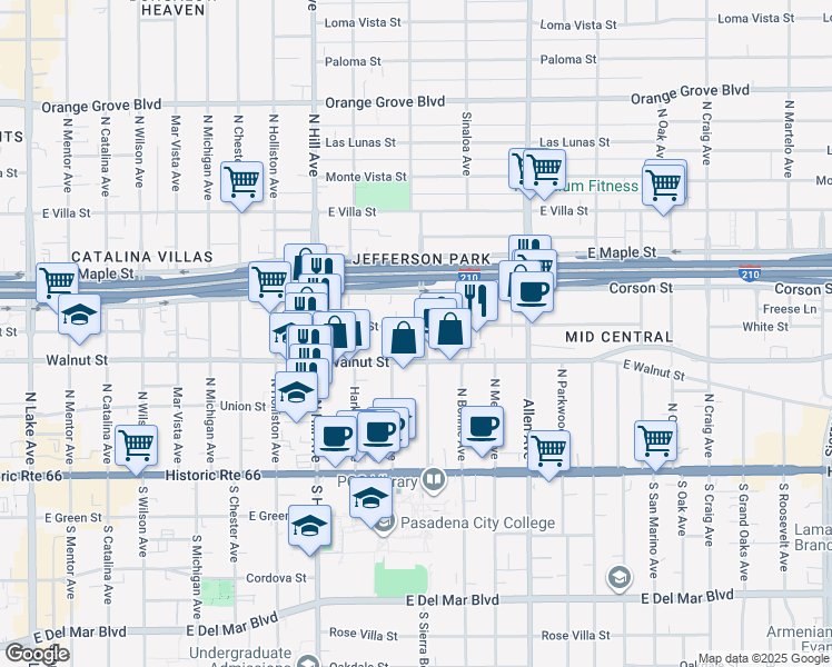 map of restaurants, bars, coffee shops, grocery stores, and more near 1596 Locust Street in Pasadena