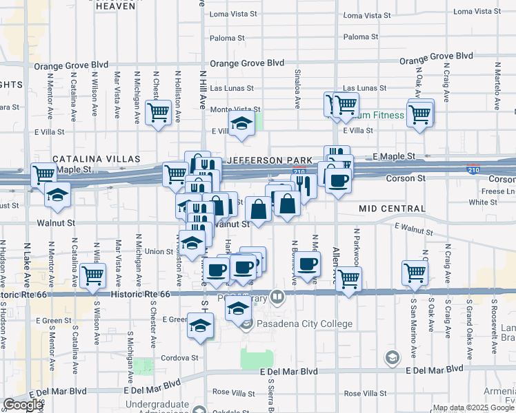map of restaurants, bars, coffee shops, grocery stores, and more near 1596 Locust Street in Pasadena