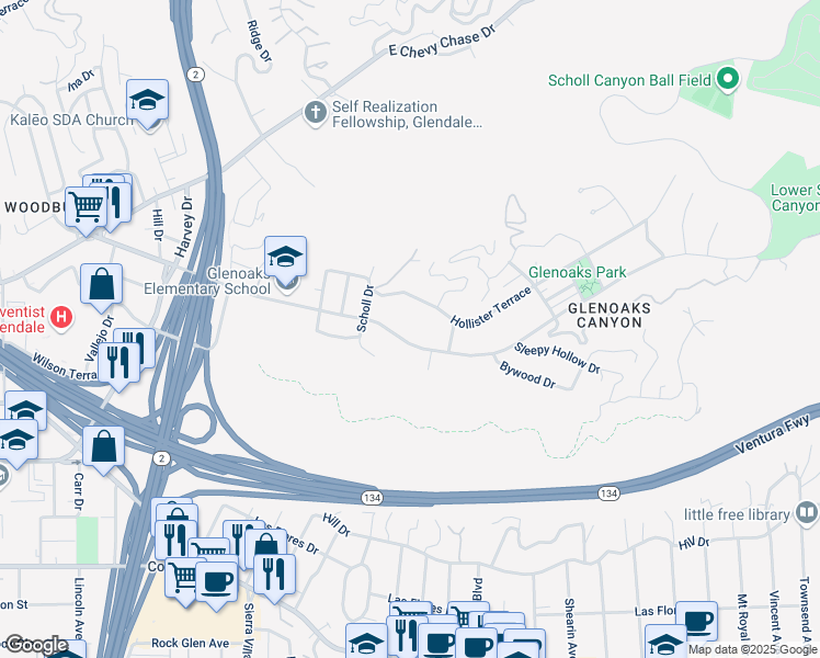 map of restaurants, bars, coffee shops, grocery stores, and more near 2245 East Glenoaks Boulevard in Glendale