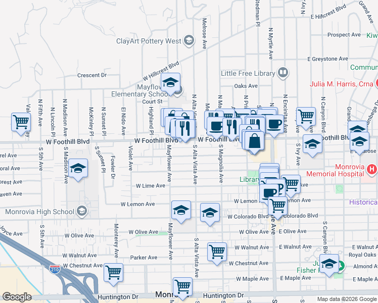 map of restaurants, bars, coffee shops, grocery stores, and more near 411 Linwood Avenue in Monrovia