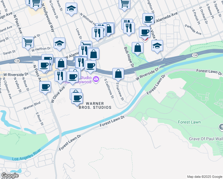map of restaurants, bars, coffee shops, grocery stores, and more near 348 South California Street in Burbank