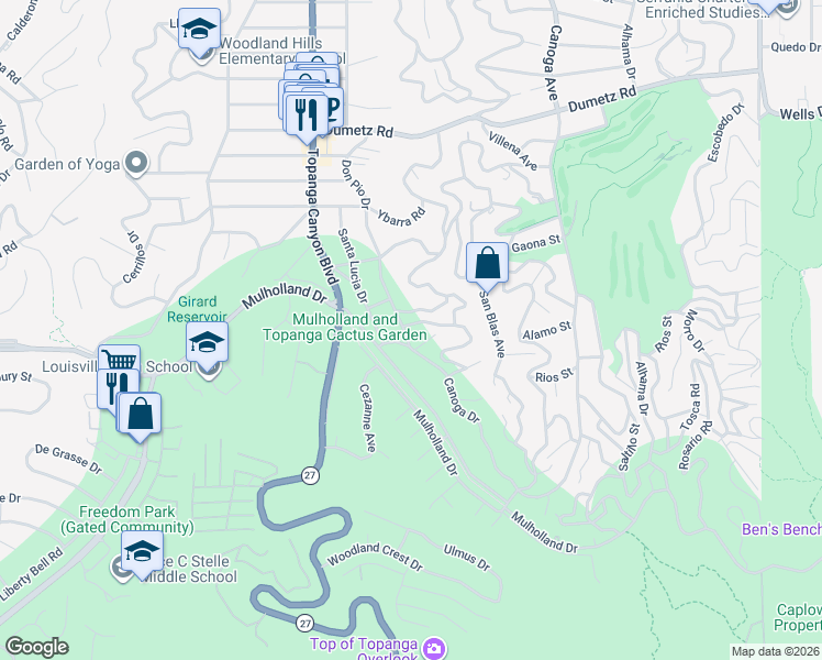 map of restaurants, bars, coffee shops, grocery stores, and more near 4518 Don Pio Drive in Los Angeles