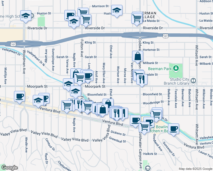 map of restaurants, bars, coffee shops, grocery stores, and more near 13113 Moorpark Street in Los Angeles