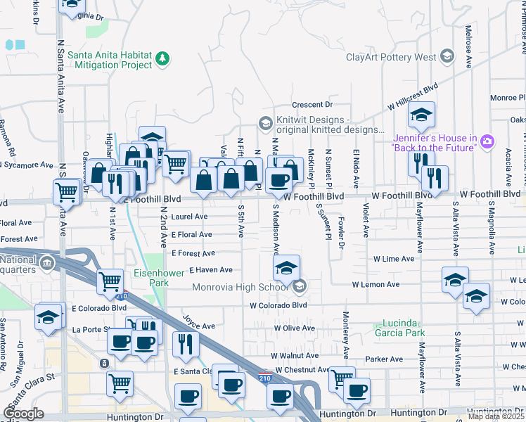 map of restaurants, bars, coffee shops, grocery stores, and more near 111 Peppertree Lane in Monrovia