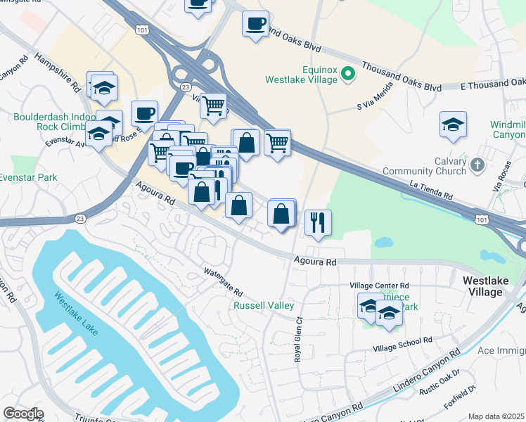 map of restaurants, bars, coffee shops, grocery stores, and more near 1130 Stoneybrook Lane in Westlake Village