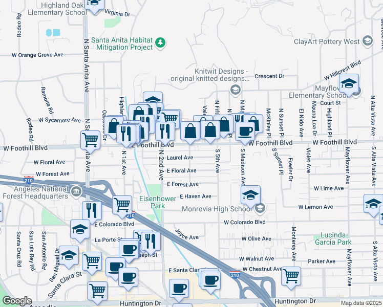 map of restaurants, bars, coffee shops, grocery stores, and more near 303 Laurel Avenue in Arcadia