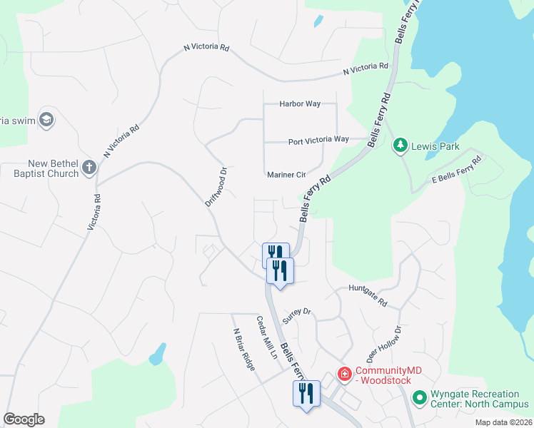 map of restaurants, bars, coffee shops, grocery stores, and more near 210 Ridge Valley Drive in Woodstock