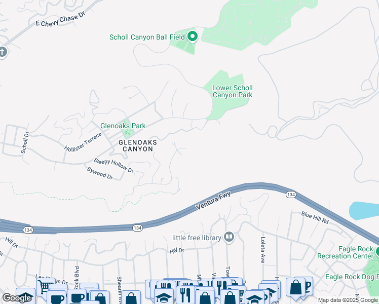 map of restaurants, bars, coffee shops, grocery stores, and more near 2758 Sleepy Hollow Place in Glendale