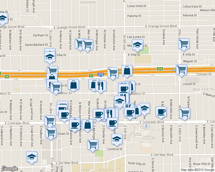 map of restaurants, bars, coffee shops, grocery stores, and more near 250 North Chester Avenue in Pasadena