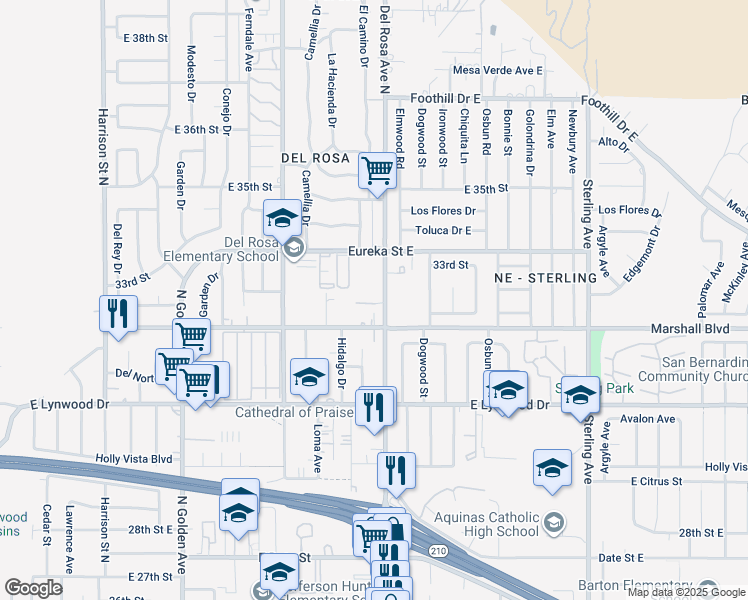 map of restaurants, bars, coffee shops, grocery stores, and more near 3236 Del Rosa Avenue North in San Bernardino