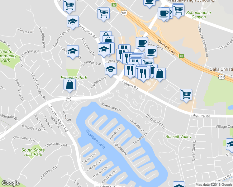map of restaurants, bars, coffee shops, grocery stores, and more near 1129 Glenbridge Circle in Westlake Village